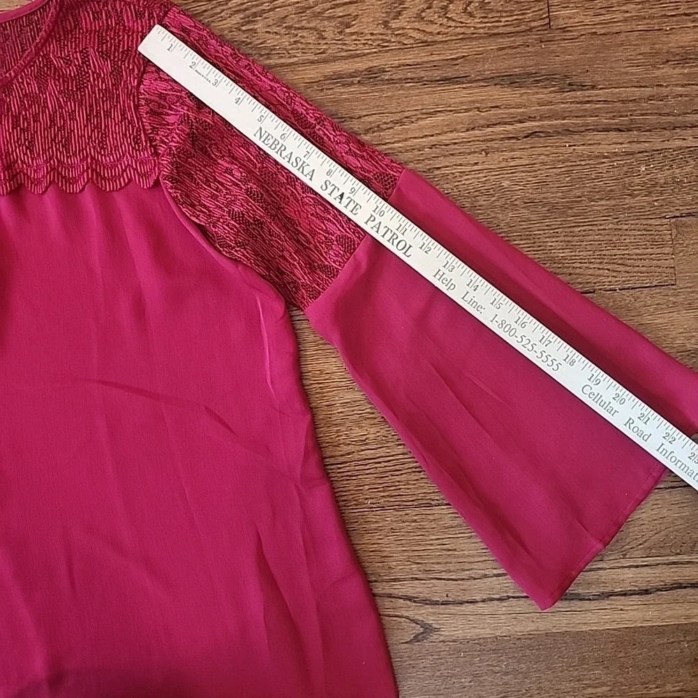 Roz & Ali Maroon Red Lace Women Top Size Large Bell Sleeve Fairy Whimsical Flowy - Picture 7 of 14
